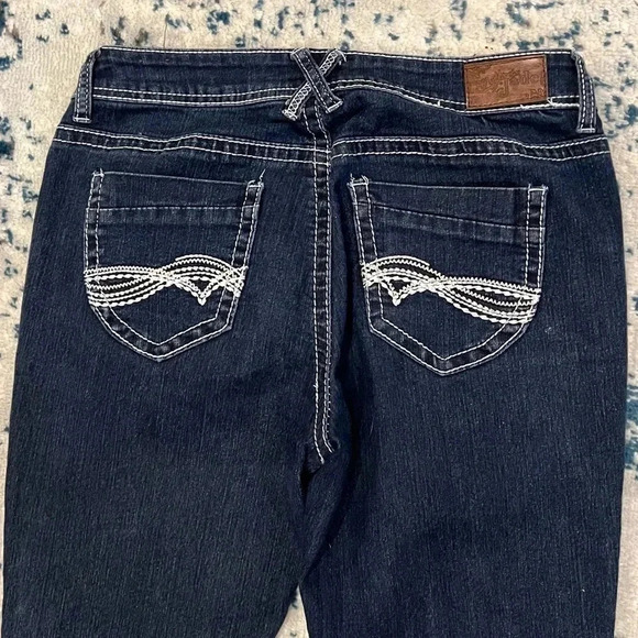 Myth of Jade Dark Wash Boot Cut straight leg white stitching pocket detail 28 - Picture 3 of 7